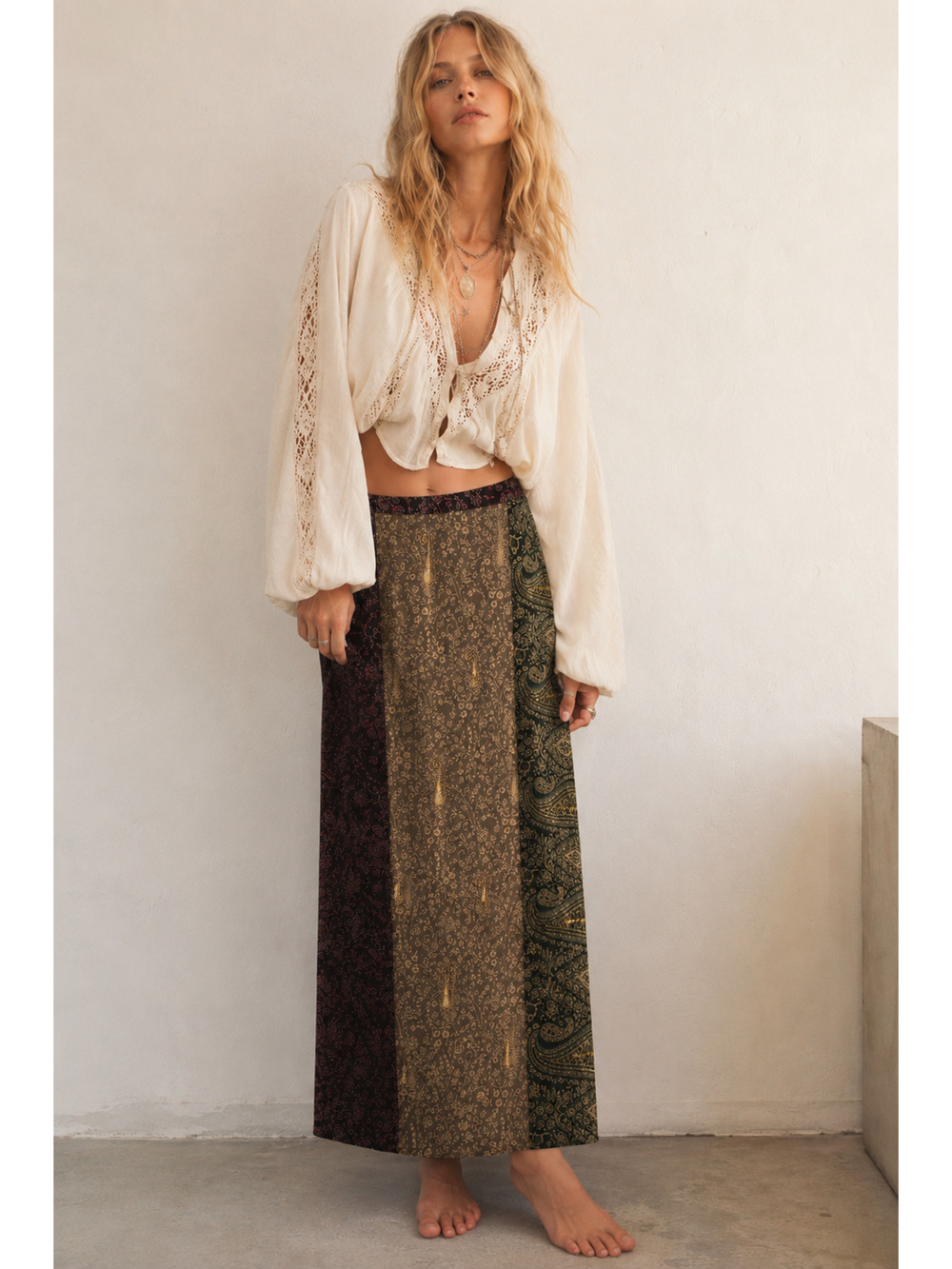 White Stag Brown Patchwork Maxi Skirt Tie Waist Boho Festival Floral Paisley L
